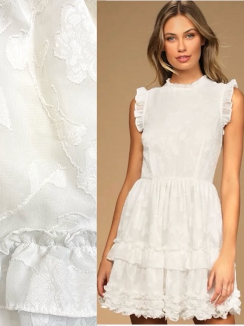 Lulus True as Can Be White Burnout Floral Jacquard Ruffled Mini Dress Size XL